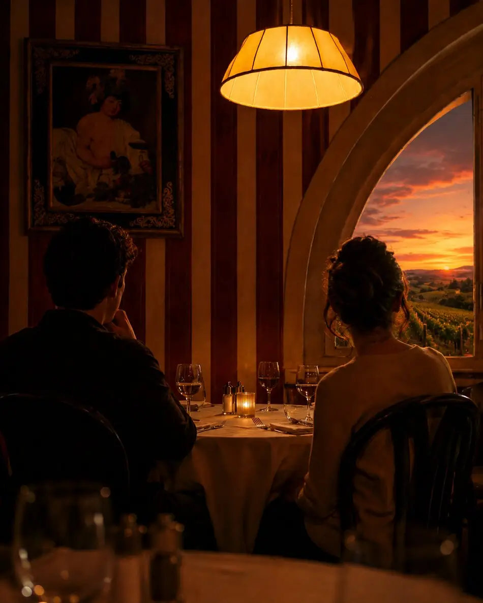 Coppia a cena nella sala interna, con l'arco affacciato sul tramonto sulle colline