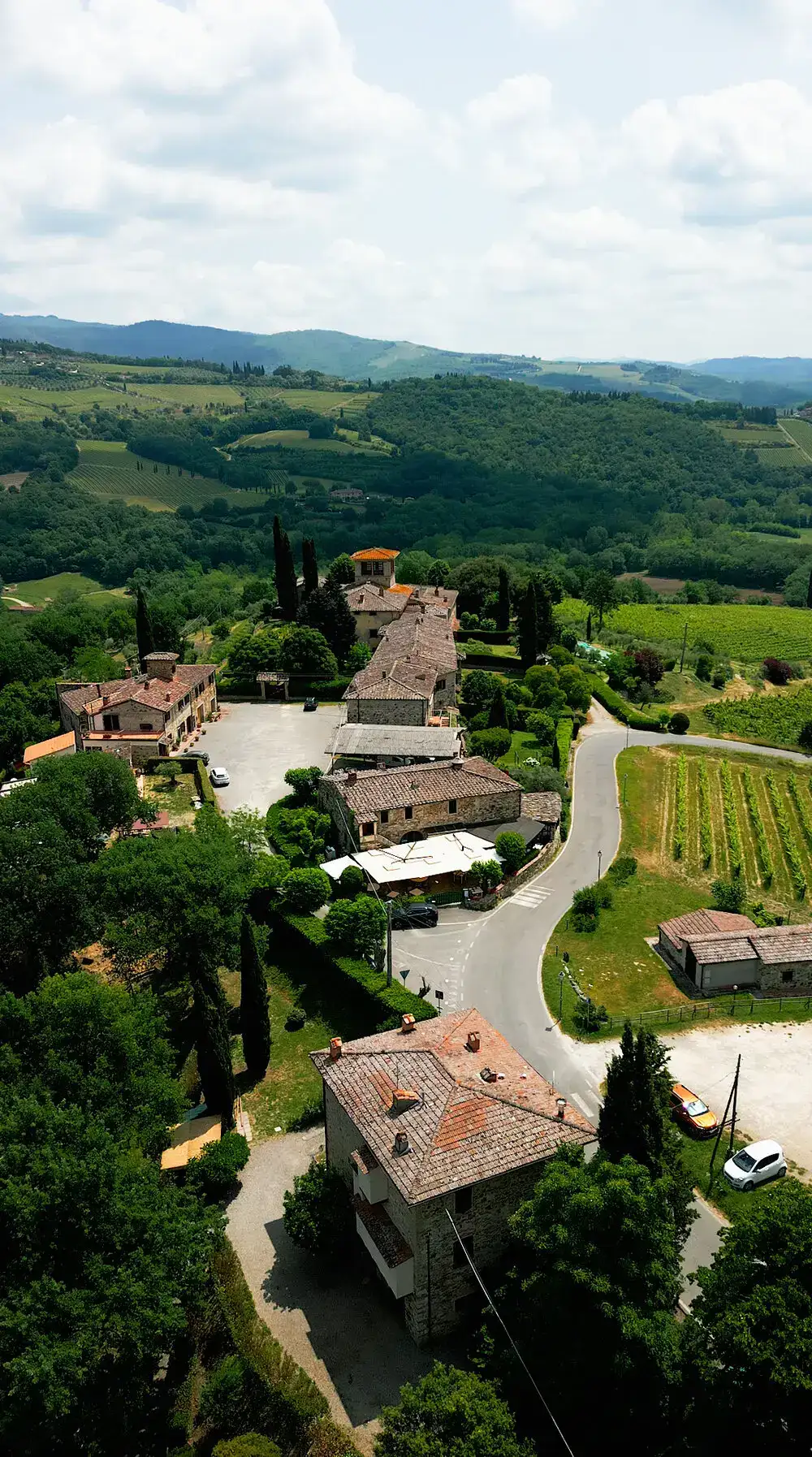 Il borgo della Piazza visto dall'alto, con il ristorante e la strada tra i vigneti