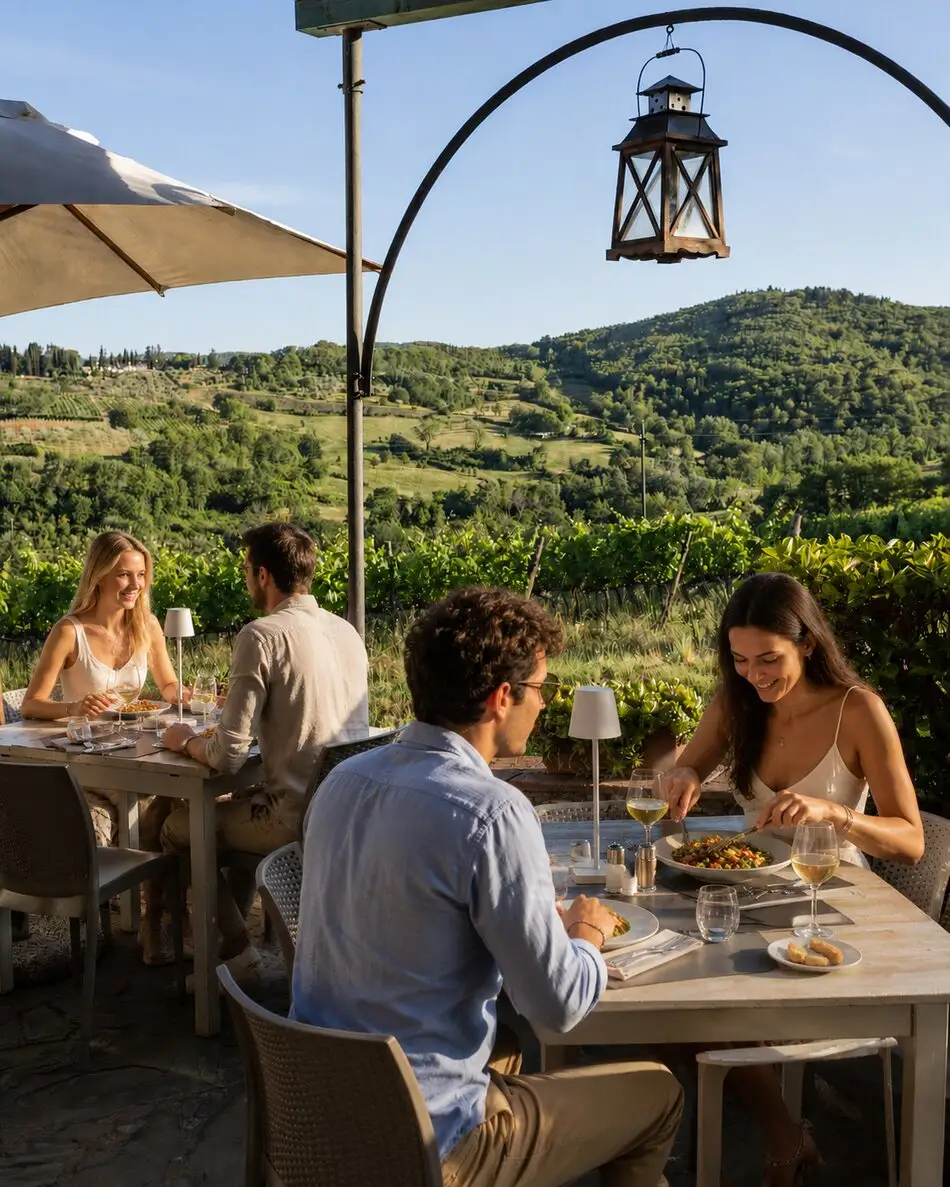 Ospiti a pranzo sotto l'ombrellone con vista sulle colline del Chianti
